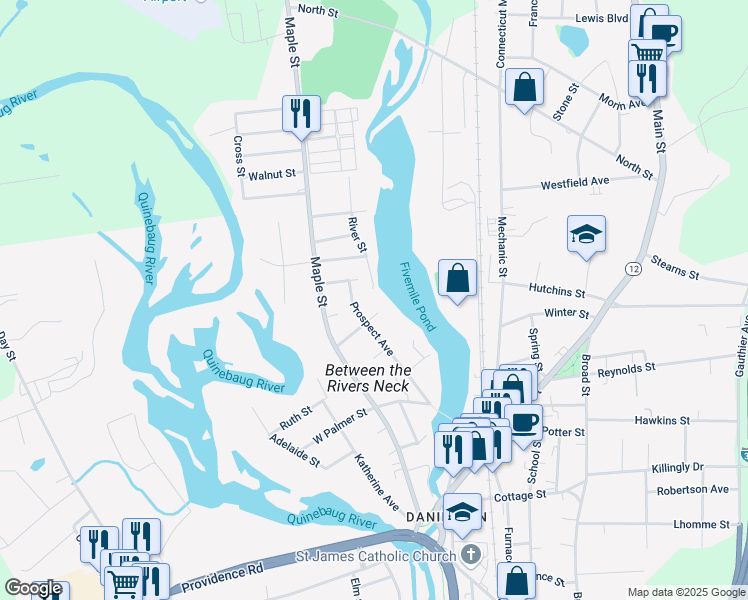 map of restaurants, bars, coffee shops, grocery stores, and more near 73 North River Lane in Killingly