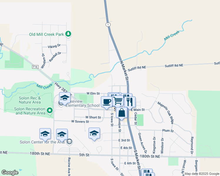 map of restaurants, bars, coffee shops, grocery stores, and more near 331 North Iowa Street in Solon