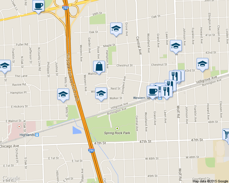 map of restaurants, bars, coffee shops, grocery stores, and more near 1321 Reid Street in Western Springs
