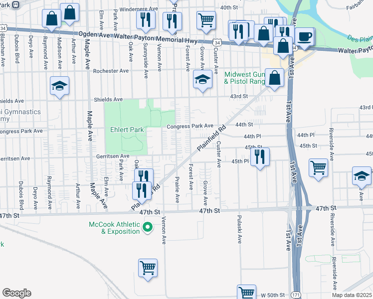 map of restaurants, bars, coffee shops, grocery stores, and more near 4422 Forest Avenue in Brookfield