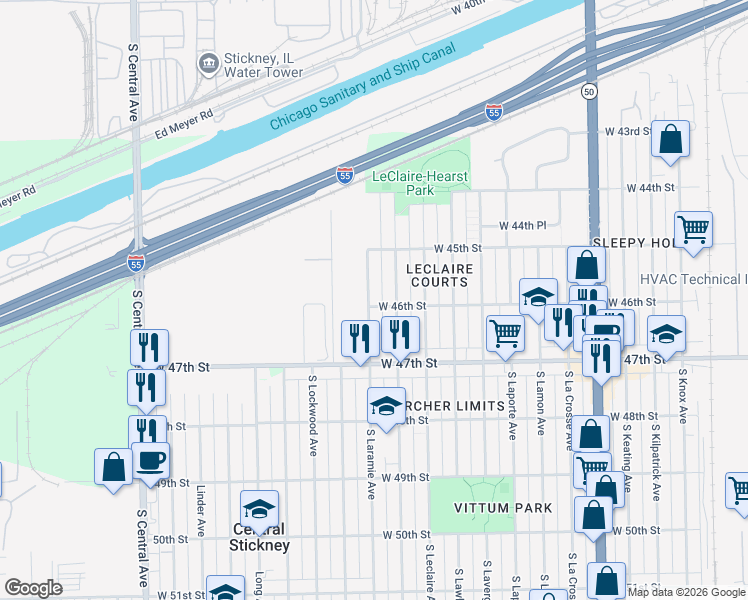 map of restaurants, bars, coffee shops, grocery stores, and more near 4555 South Laramie Avenue in Chicago