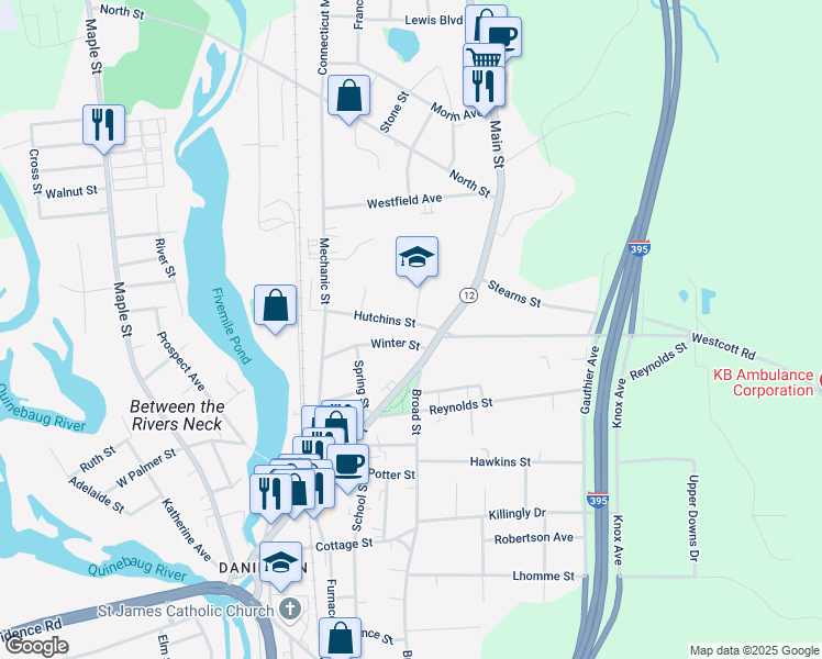 map of restaurants, bars, coffee shops, grocery stores, and more near 23 Hutchins Street in Danielson