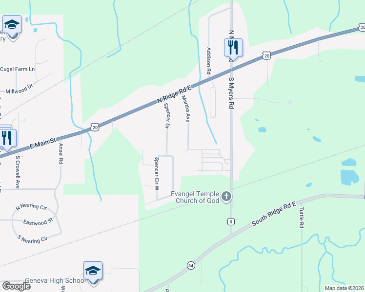 map of restaurants, bars, coffee shops, grocery stores, and more near 3133 Martha Avenue in Geneva