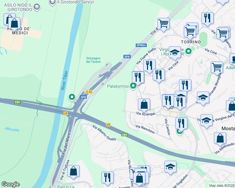 map of restaurants, bars, coffee shops, grocery stores, and more near 53 Via Sciangai in Roma