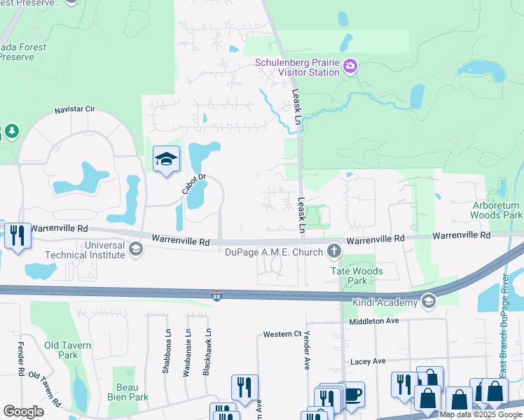 map of restaurants, bars, coffee shops, grocery stores, and more near 2164 Canterbury Lane in Lisle