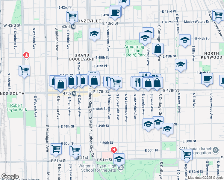map of restaurants, bars, coffee shops, grocery stores, and more near 506 East 47th Street in Chicago