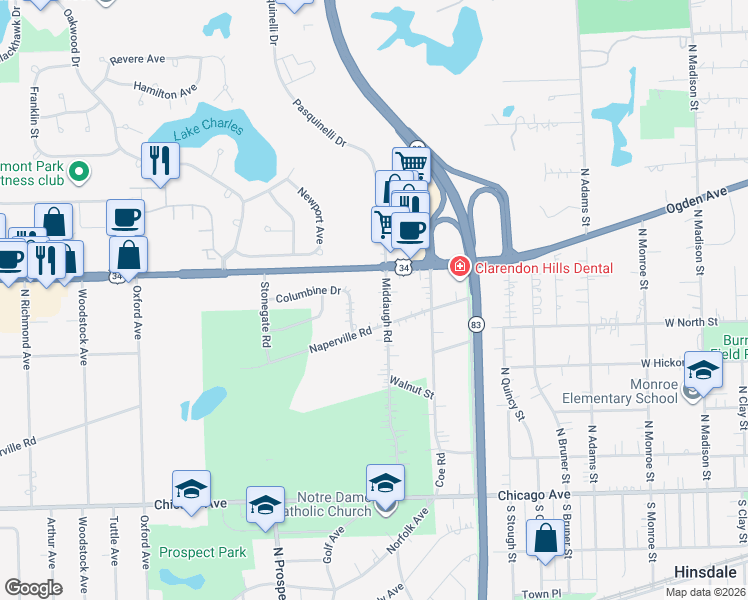 map of restaurants, bars, coffee shops, grocery stores, and more near 278 Middaugh Road in Clarendon Hills