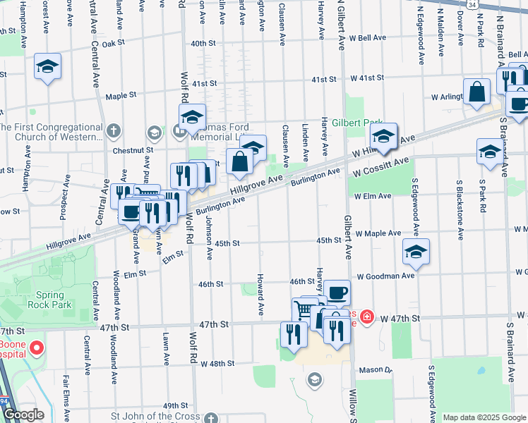 map of restaurants, bars, coffee shops, grocery stores, and more near 4439 Howard Avenue in Western Springs