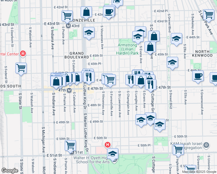 map of restaurants, bars, coffee shops, grocery stores, and more near 506 East 47th Street in Chicago