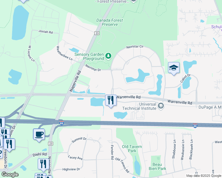 map of restaurants, bars, coffee shops, grocery stores, and more near 3030 Warrenville Road in Lisle