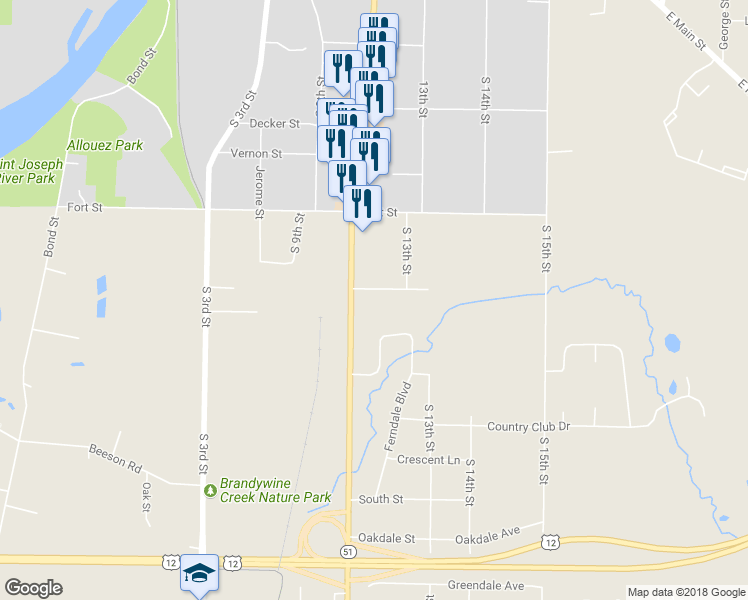 map of restaurants, bars, coffee shops, grocery stores, and more near 1108 Brandywine Street in Niles
