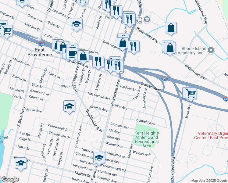 map of restaurants, bars, coffee shops, grocery stores, and more near 2407 Pawtucket Avenue in East Providence