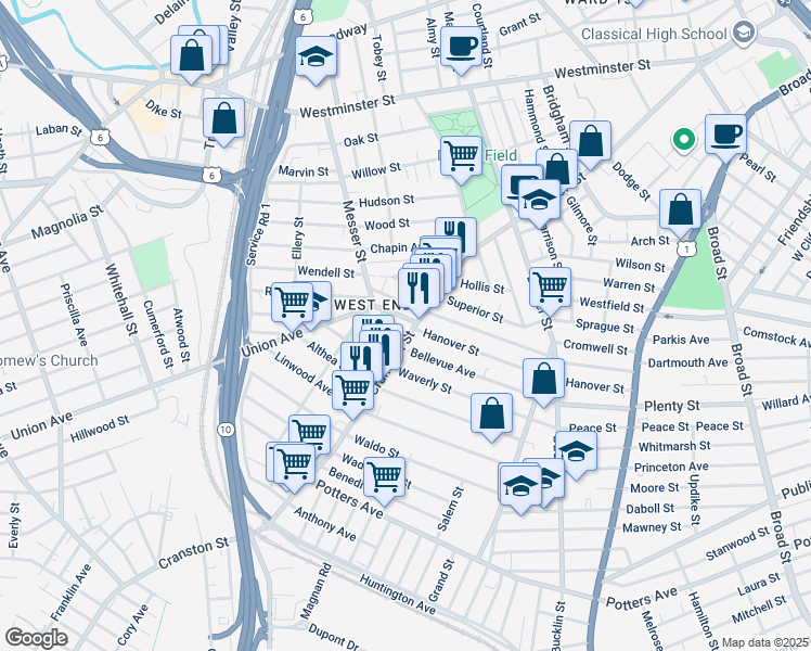 map of restaurants, bars, coffee shops, grocery stores, and more near 14 Kenwood Street in Providence
