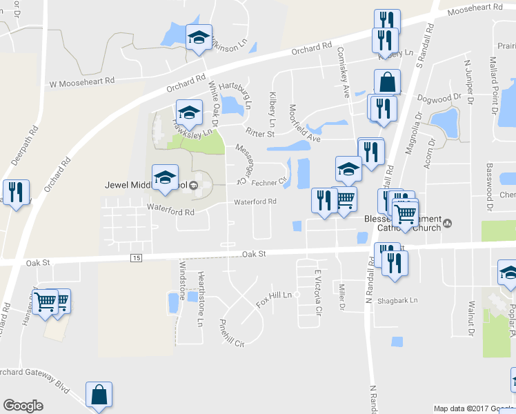 map of restaurants, bars, coffee shops, grocery stores, and more near 1467 Oakland Circle in North Aurora