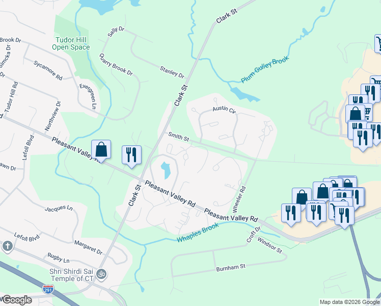 map of restaurants, bars, coffee shops, grocery stores, and more near 105 Misty Meadow Lane in South Windsor