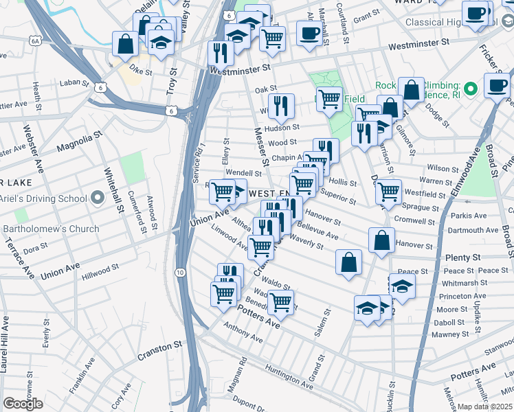 map of restaurants, bars, coffee shops, grocery stores, and more near 27 Sorrento Street in Providence