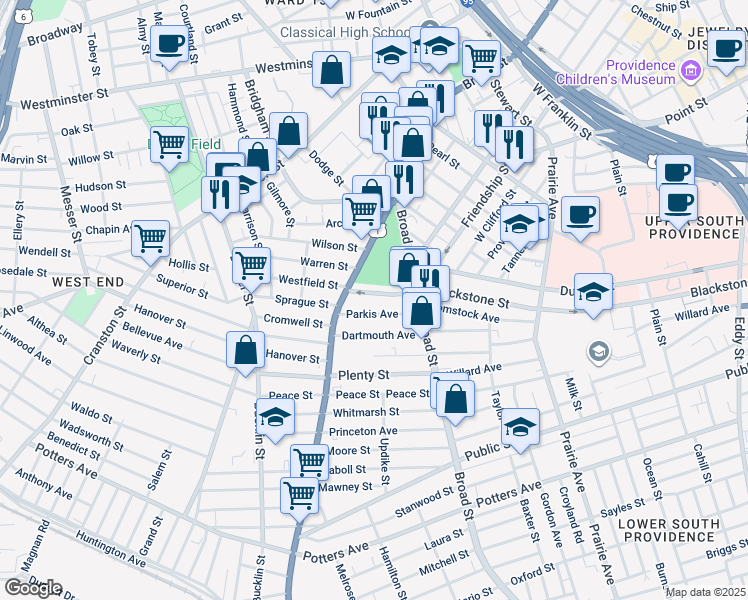 map of restaurants, bars, coffee shops, grocery stores, and more near 21 Parkis Avenue in Providence