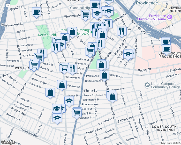 map of restaurants, bars, coffee shops, grocery stores, and more near 124 Elmwood Avenue in Providence