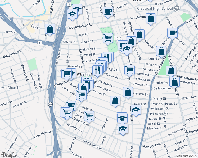map of restaurants, bars, coffee shops, grocery stores, and more near 217 Hanover Street in Providence