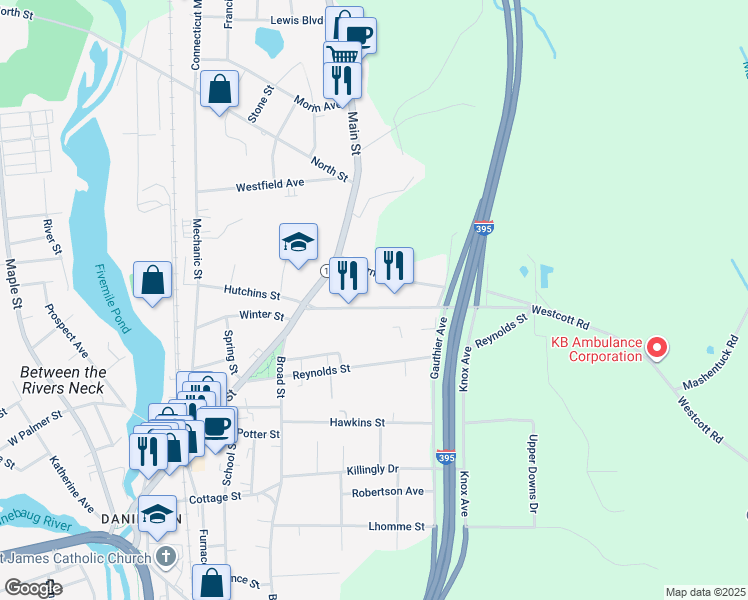 map of restaurants, bars, coffee shops, grocery stores, and more near 80 Westcott Road in Killingly
