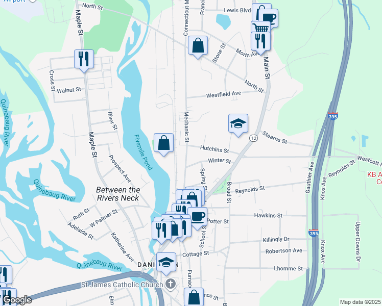map of restaurants, bars, coffee shops, grocery stores, and more near 104 Mechanic Street in Killingly