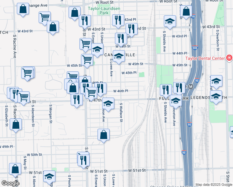map of restaurants, bars, coffee shops, grocery stores, and more near 631 West 46th Place in Chicago