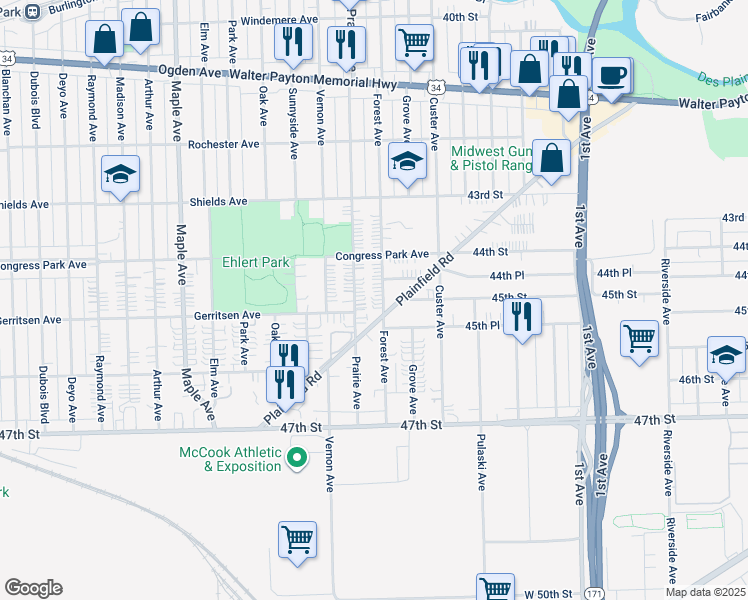 map of restaurants, bars, coffee shops, grocery stores, and more near 4424 Forest Avenue in Brookfield