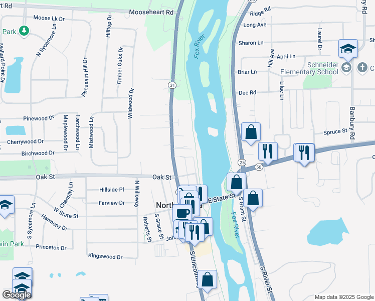 map of restaurants, bars, coffee shops, grocery stores, and more near 127 Monroe Street in North Aurora