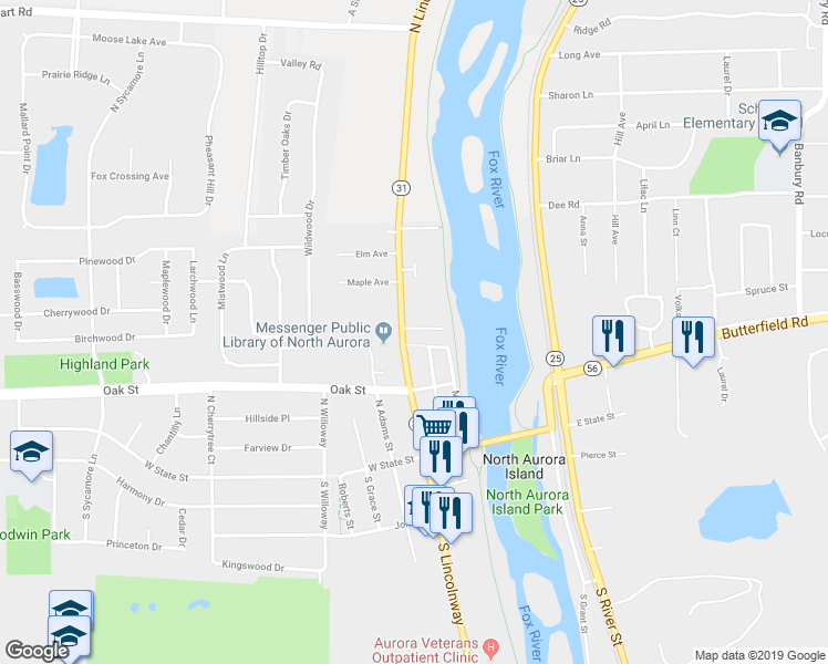 map of restaurants, bars, coffee shops, grocery stores, and more near 129 North Lincolnway Street in North Aurora