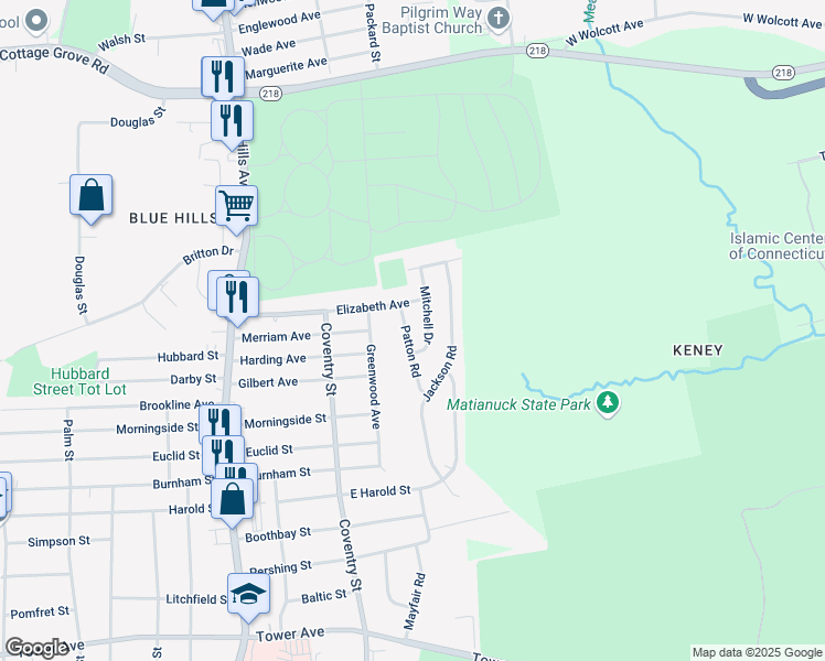 map of restaurants, bars, coffee shops, grocery stores, and more near 6 Patton Road in Bloomfield