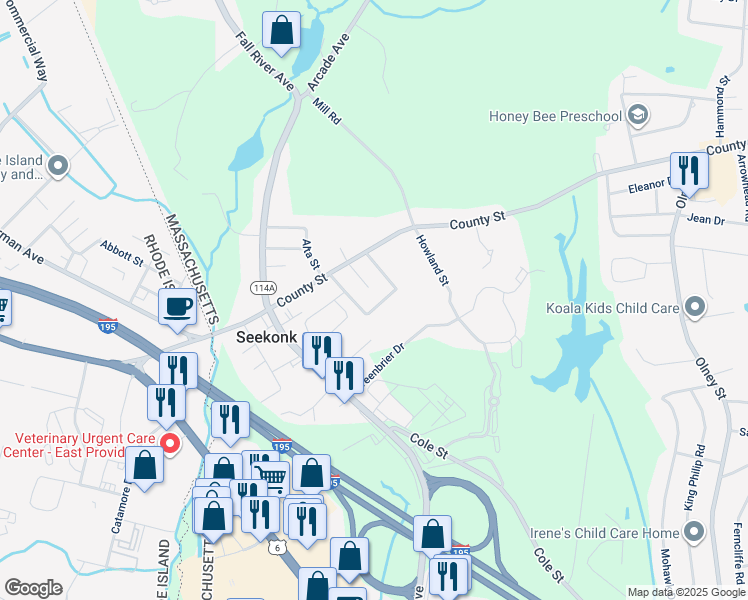 map of restaurants, bars, coffee shops, grocery stores, and more near 68 Chappell Street in Seekonk
