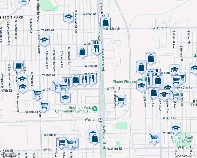 map of restaurants, bars, coffee shops, grocery stores, and more near 4622 South Western Avenue in Chicago