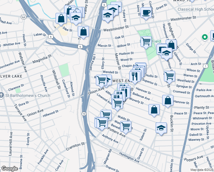 map of restaurants, bars, coffee shops, grocery stores, and more near 59 Union Avenue in Providence