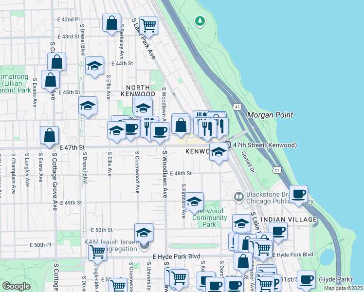 map of restaurants, bars, coffee shops, grocery stores, and more near 1301a East 47th Street in Chicago
