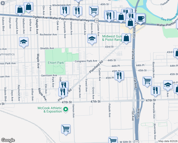 map of restaurants, bars, coffee shops, grocery stores, and more near 8837 Plainfield Road in Brookfield