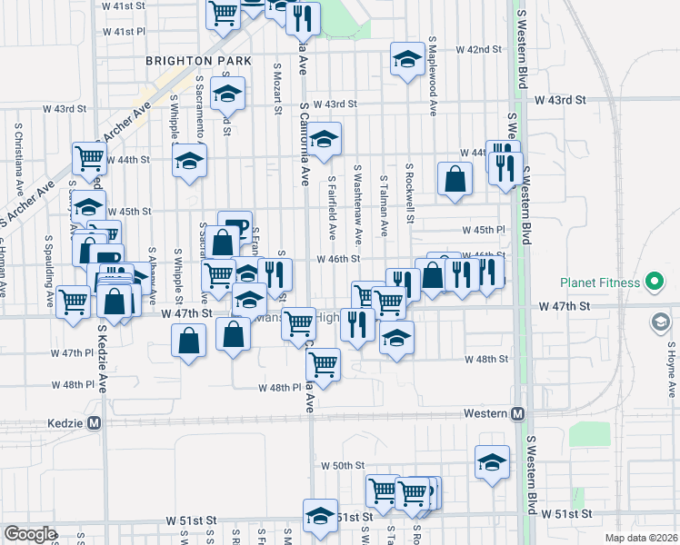 map of restaurants, bars, coffee shops, grocery stores, and more near 4613 South Fairfield Avenue in Chicago