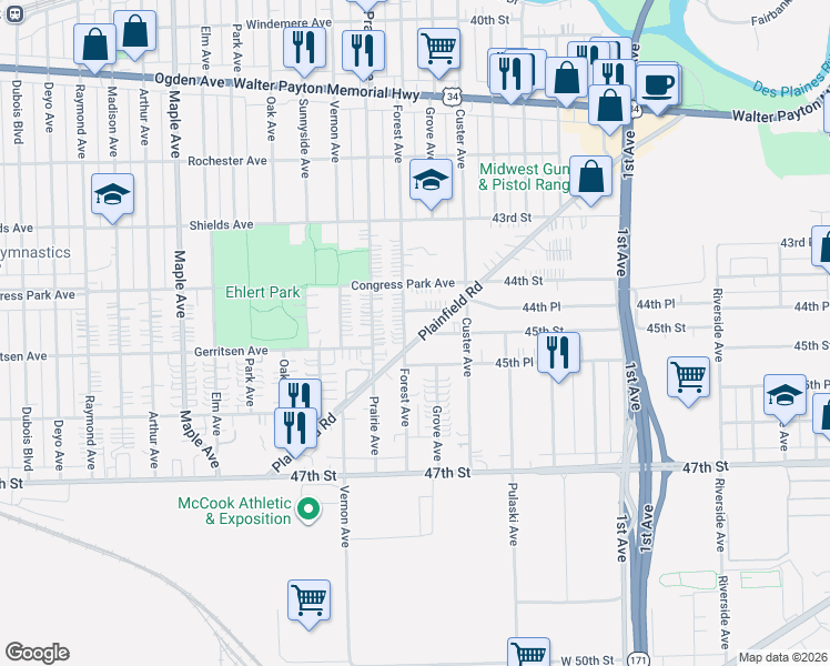 map of restaurants, bars, coffee shops, grocery stores, and more near 8834 Plainfield Road in Brookfield