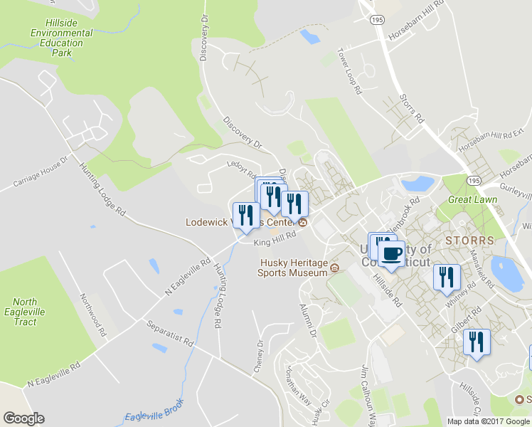 map of restaurants, bars, coffee shops, grocery stores, and more near 134 North Eagleville Road in Mansfield