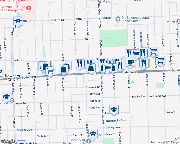 map of restaurants, bars, coffee shops, grocery stores, and more near 440 U.S. 34 in Downers Grove