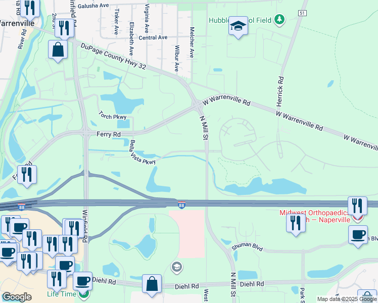 map of restaurants, bars, coffee shops, grocery stores, and more near 27101 Bella Vista Parkway in Warrenville