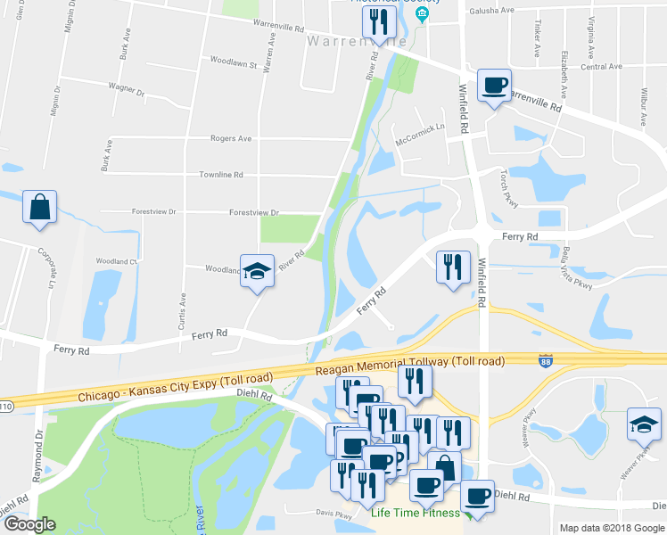 map of restaurants, bars, coffee shops, grocery stores, and more near W Branch DuPage River Trail in Warrenville