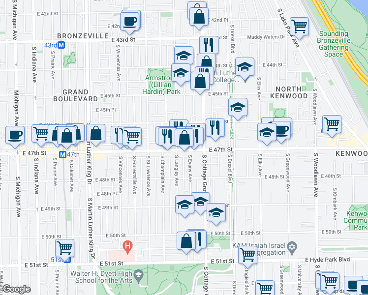 map of restaurants, bars, coffee shops, grocery stores, and more near 710 East 47th Street in Chicago