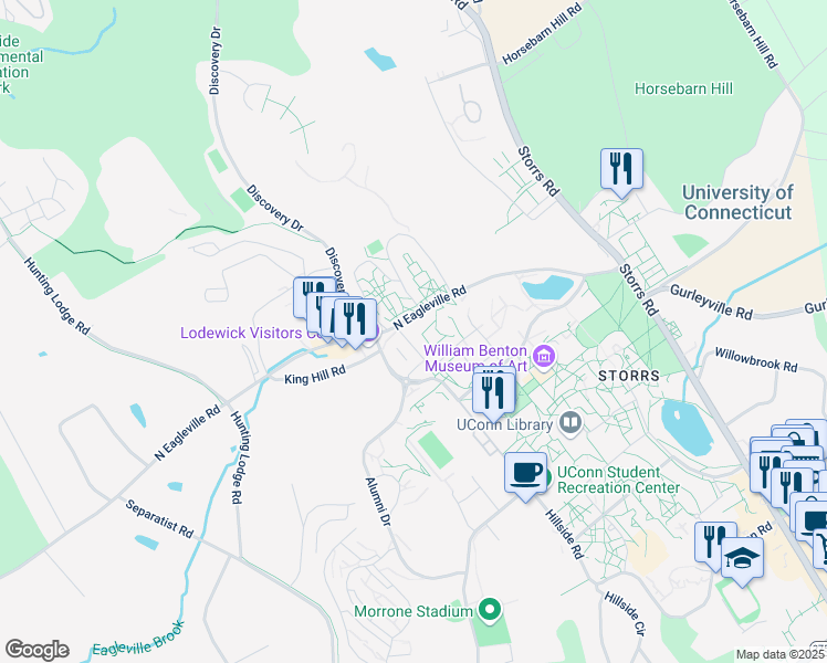 map of restaurants, bars, coffee shops, grocery stores, and more near 97 North Eagleville Road in Mansfield