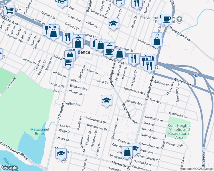 map of restaurants, bars, coffee shops, grocery stores, and more near 136 Bliss Street in East Providence