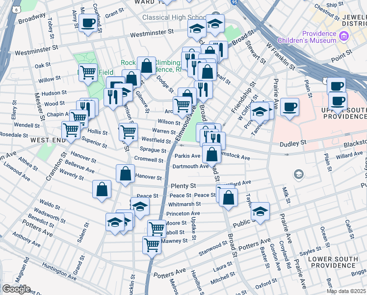 map of restaurants, bars, coffee shops, grocery stores, and more near 124 Elmwood Avenue in Providence