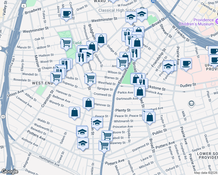 map of restaurants, bars, coffee shops, grocery stores, and more near 32 Sprague Street in Providence