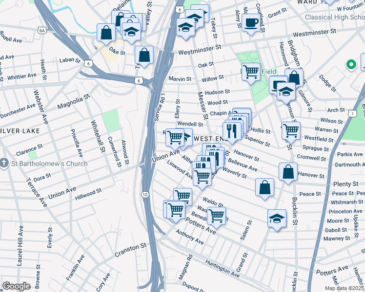 map of restaurants, bars, coffee shops, grocery stores, and more near 59 Union Avenue in Providence