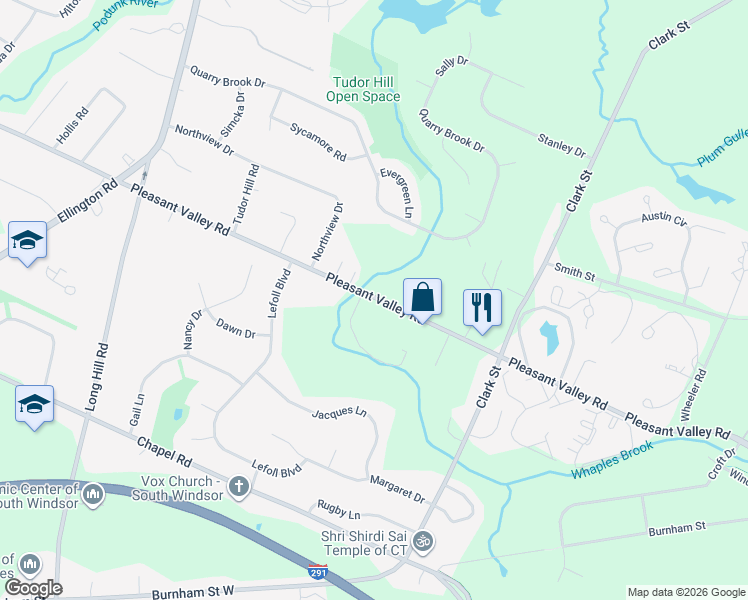 map of restaurants, bars, coffee shops, grocery stores, and more near 947 Pleasant Valley Road in South Windsor