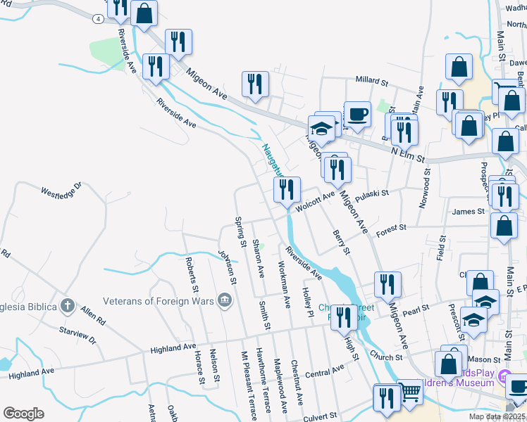 map of restaurants, bars, coffee shops, grocery stores, and more near 44 Eggleston Street in Torrington