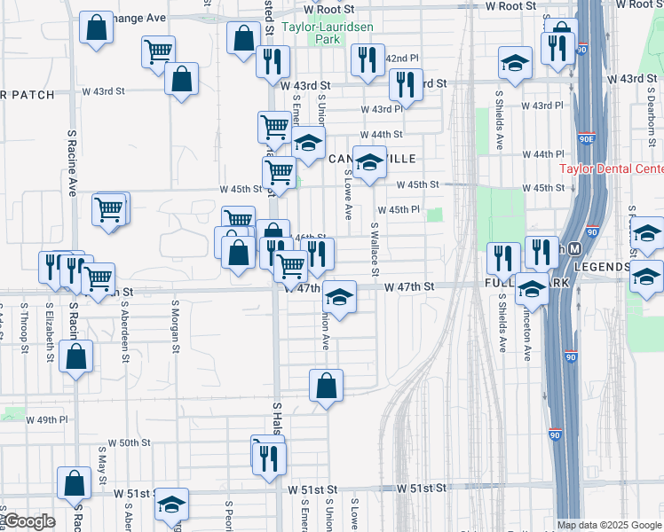 map of restaurants, bars, coffee shops, grocery stores, and more near 705 West 46th Place in Chicago
